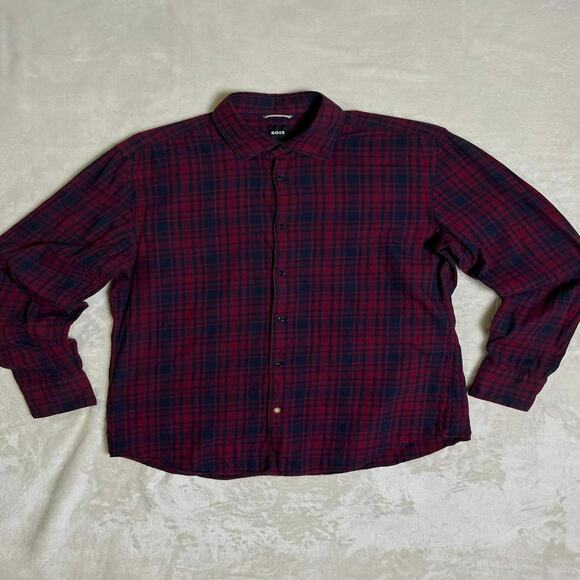 Hugo Boss Lumberjack Button Up Men's L Red & Black Plaid Flannel Elevated Warmth - Picture 1 of 10